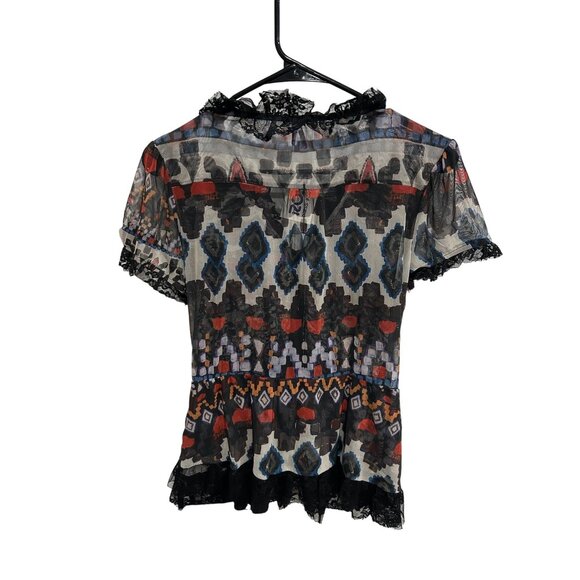 Lapis Sheer Lace Trim Button Front Blouse Black Multi Sz Large Whimsigoth NWT - Picture 2 of 10